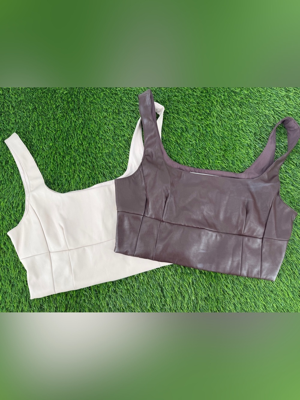ALTAR’D State Vegan Leather Square Neck Cream Brown Crop Top Lot Of 2